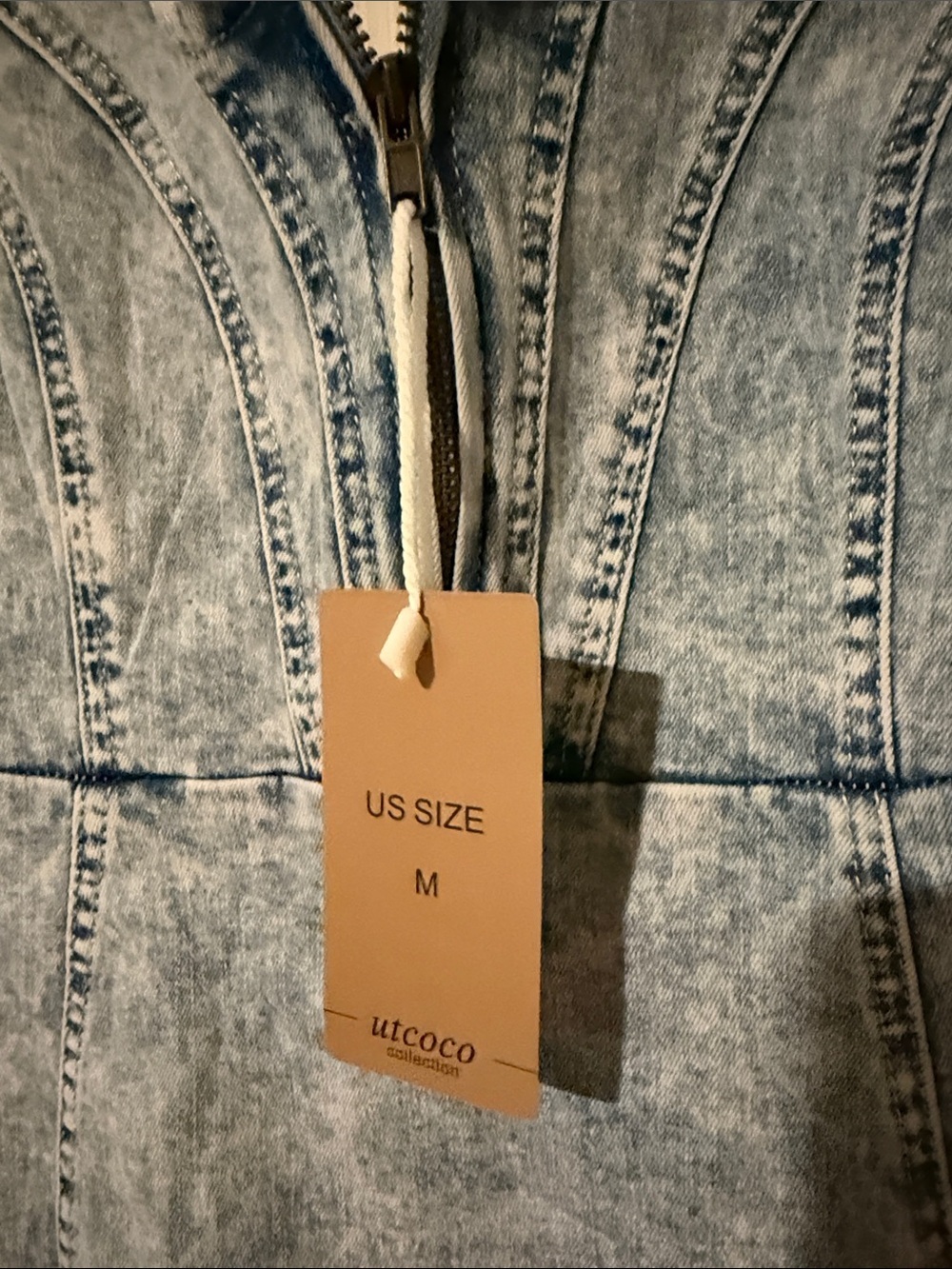 Light Blue Acid-Wash Denim Mini Dress with Front Zip - Picture 2 of 13